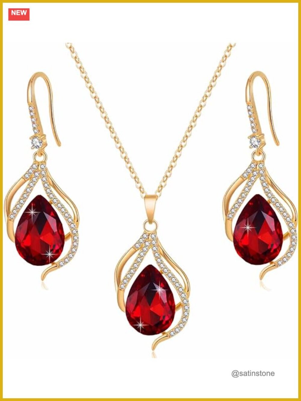 Austrian Crystal Teardrop Pendant Necklace Earrings Set 14K Gold Plated Halo